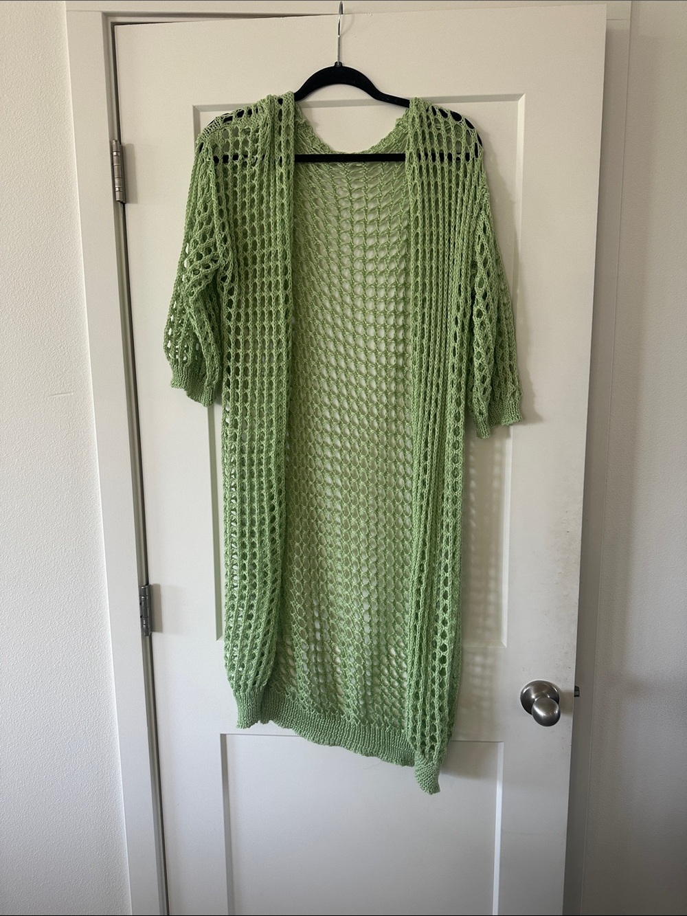 Light Green Open-Knit Long Cardigan 3/4 sleeve - Picture 2 of 3